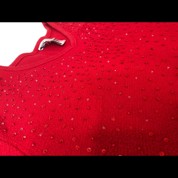 Avenue Women’s Red VNeck Sweater w/ Sequin & Beads - Picture 3 of 9